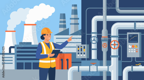 An engineer oversees machinery and infrastructure at an industrial site, using technology to ensure operational efficiency and compliance with safety standards in manufacturing.