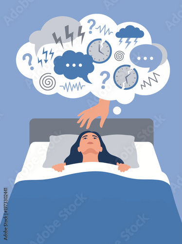 A woman lies awake in bed, surrounded by chaotic thoughts symbolized by swirling clouds and clocks, visualizing the stress and anxiety of modern life and sleep disturbance.
