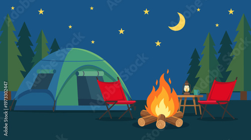 A peaceful campsite features a tent and campfire under a starry sky, epitomizing relaxation, adventure, and the beauty of nature during serene nighttime gatherings.