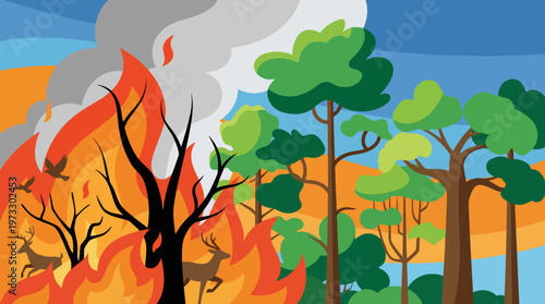 A vivid illustration of a forest fire ravaging through trees and vegetation, representing the destructive impact of climate change on wildlife and natural habitats.