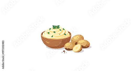 A deep brown wooden bowl holds a serving of fluffy mashed potatoes decorated with chopped parsley beside a collection of whole and sliced raw potatoes in bright light.