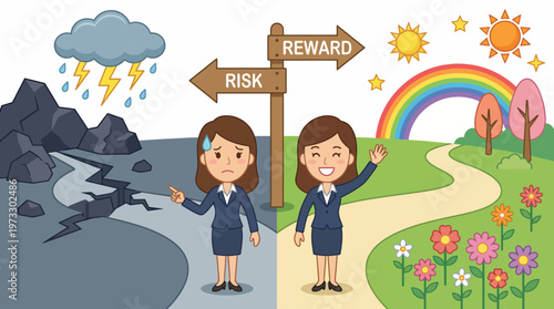 This illustrative depiction of risk versus reward features two paths separated by a signpost, highlighting emotions and choices faced in decision-making processes.