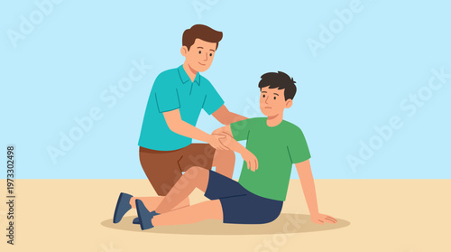 A caring individual offers support to a friend sitting on the ground, showcasing empathy and compassion in a comforting manner. An important aspect of friendship and care.