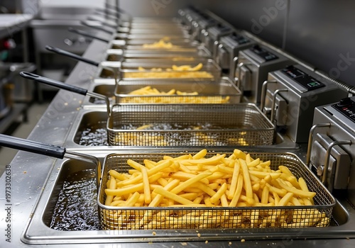 Golden french fries cooking in deep fryers kitchen