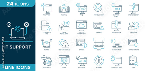 IT support icon set. Technical assistance, system troubleshooting, user helpdesk, service ticket, device repair, screen damage, file corruption, remote support, Line vector icons collection.