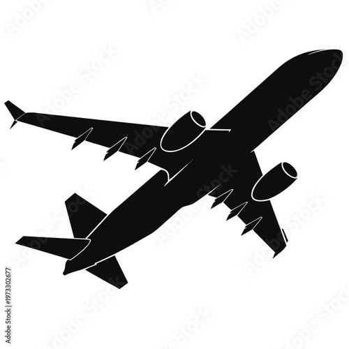Airplane silhouette vector, black commercial passenger plane flying, aviation transport icon for travel and tourism logistics