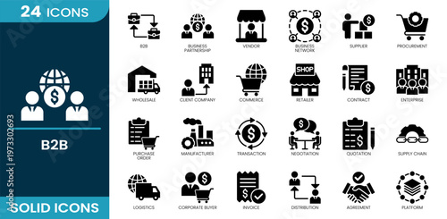 B2B icon set. Business exchange, partnership model, vendor management, supplier network, procurement system, wholesale trade, corporate client, Solid vector icons collection.