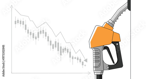 A vibrant orange gasoline pump nozzle stands prominently in the foreground against a background featuring a declining financial candlestick market chart.