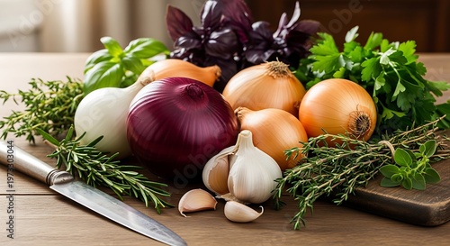 Onion garlic and herbs close-up, fresh organic ingredients, cooking essentials, rustic kitchen style, healthy natural food concept, aromatic vegetables