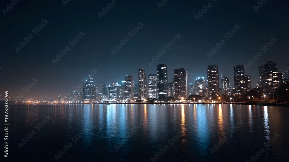 Obraz premium A modern city skyline illuminated at night with towering skyscrapers reflected in the dark water