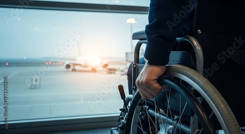 Person in wheelchair at airport watching airplane travel
