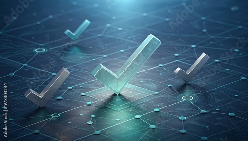Check Marks on Tech Surface Approval Symbolism and Technological Verification Processes Digital Validation Data Security Confirmation Futuristic Checkmarks Secure Transactions