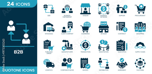 B2B icon set. Business interaction, strategic partnership, vendor network, supplier service, procurement workflow, wholesale market, client organization, Duotone vector icons collection.
