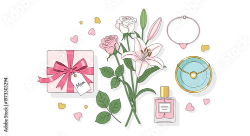 A sophisticated flat lay illustration showcases a pink gift box, fragrant perfume, delicate jewelry, and fresh lilies and roses for a special celebration.