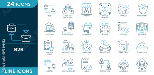 B2B icon set. Business collaboration, partnership network, vendor service, supplier chain, procurement process, wholesale distribution, client company, Line vector icons collection.