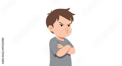 A disgruntled young boy with messy brown hair and a furrowed brow stands defiantly with his arms tightly crossed against a plain white background.