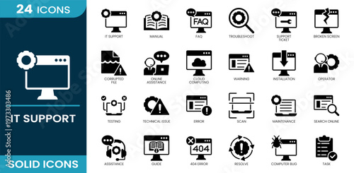 IT support icon set. Technical service, troubleshooting process, helpdesk support, ticket management, device maintenance, display damage, data corruption, Solid vector icons collection.