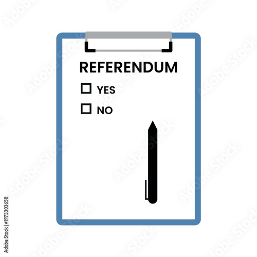 A simple graphic of a blue-bordered clipboard labeled "REFERENDUM," featuring "YES" and "NO" checkboxes alongside a black ink pen. Simple isolated illustration vector design on a white background.