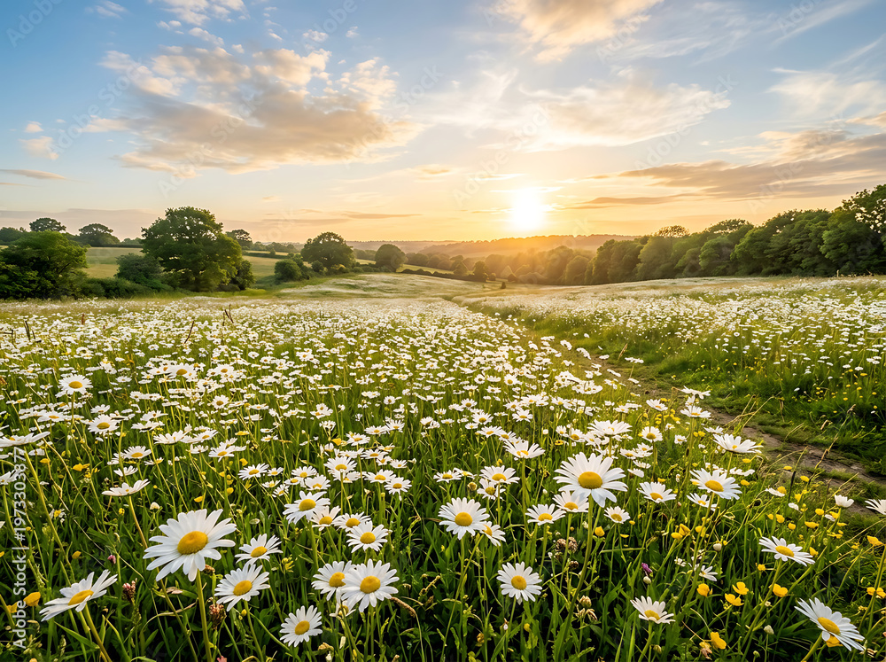 Fototapeta premium A vibrant meadow filled with blooming white daisy flowers under a golden sunset sky at dusk time