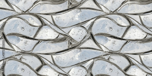 Abstract, seamless pattern of translucent, wavy gel shapes with trapped air bubbles, creating a fluid and modern background texture.