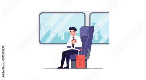 A distressed young businessman wearing a formal white shirt and black tie suffers from sudden chest pain while sitting on a purple train passenger seat.