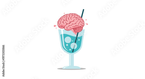 A detailed pink human brain sits atop a glass filled with carbonated blue liquid and a dark straw against a pristine white studio background.