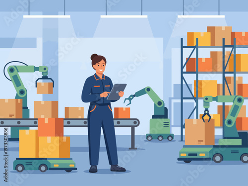 A female worker in a factory setting oversees robotic systems and logistics processes, showcasing technology and innovation in modern manufacturing and industrial operations.