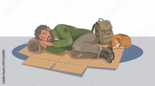 A poignant illustration capturing the reality of homelessness, showcasing a weary man and his loyal dog resting on a cardboard mat, highlighting compassion and social awareness.