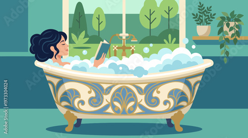 This image captures a serene moment of a person enjoying a bubble bath while reading a book, surrounded by a calm and inviting atmosphere with nature views.
