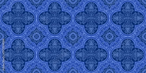 Vector decorative pattern blue and white design with frame or border. Baroque Vector mosaic. Traced watercolo. Capri Majolica