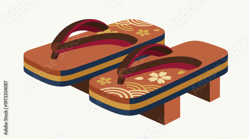 The image depicts a pair of traditional Japanese Geta sandals, beautifully designed with floral motifs, showcasing cultural heritage and craftsmanship in footwear popular in Japan.