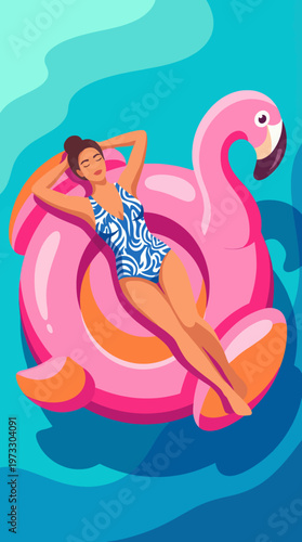 A woman lounges in the water on a pink flamingo float, embodying relaxation and summer vibes. The vibrant colors and serene setting evoke feelings of joy and leisure.