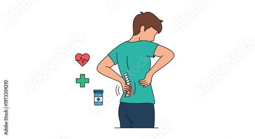 A young man wearing a green t-shirt stands in profile while clutching his lower back where a glowing red spinal column indicates severe pain.