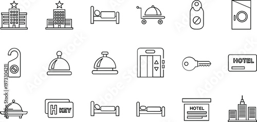 Hotel and Hospitality Icon Set Featuring Hotels, Keys, Room Service, Elevators, and Check-in Symbols for Accommodation, Travel, and Hospitality Design Projects