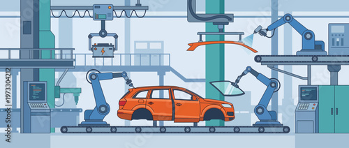 An advanced assembly line showcases robotic arms conducting multiple tasks on an orange car body, highlighting technological innovation in automotive manufacturing.