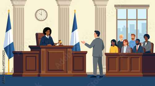 A courtroom illustration showcases a judge presiding over a case while an attorney presents to the jury, emphasizing justice and the legal process in a modern and professional setting.