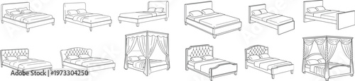 Bedroom Furniture Icon Set Featuring Different Bed Designs Including Single, Double, and Canopy Beds for Interior, Home, and Furniture Design Projects