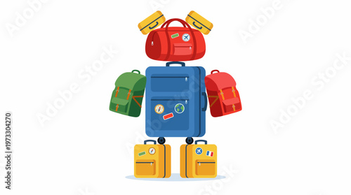 An imaginative depiction of a robot formed from colorful suitcases captures the essence of travel and adventure, illustrating creativity and anticipation for journeys and exploration.