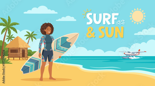 A stylish surfer girl with a board stands on a sunny beach, preparing to surf in the bright blue waves, embodying a carefree lifestyle by the ocean on a sunny day.