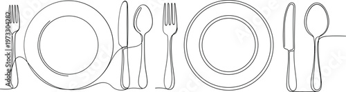 Minimalist Table Setting Icon Set Featuring Plates, Forks, Knives, and Spoons for Dining, Restaurant, and Culinary Design Projects