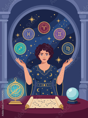 A mystical astrologer showcases celestial symbols and zodiac signs in a starry backdrop, representing wisdom and the exploration of the universe and personal destiny.