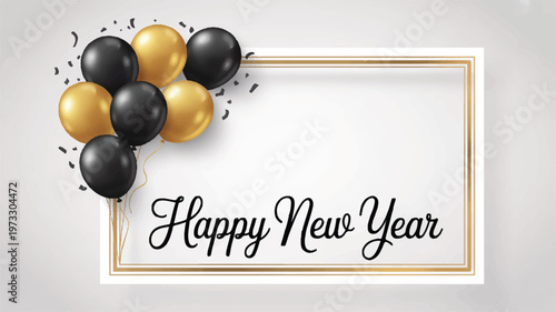 Elegant minimalist Happy New Year greeting card illustration with golden frame, festive balloons, and confetti on a clean gradient background, perfect for celebrations and messages