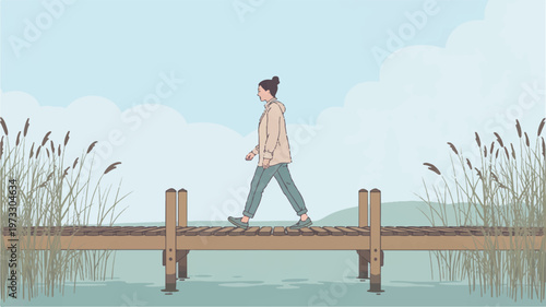 A serene illustration of a person walking on a wooden pier surrounded by reeds and calm water under a cloudy sky