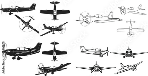 Propeller Airplane Icon Set Featuring Various Aircraft Views and Designs for Aviation, Travel, and Transportation Projects