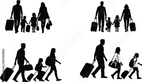 Family Traveling Icon Set Featuring Parents and Children with Luggage for Travel, Vacation, and Adventure Designs