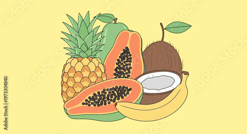 Colorful vector illustration of various tropical fruits including pineapple papaya coconut banana