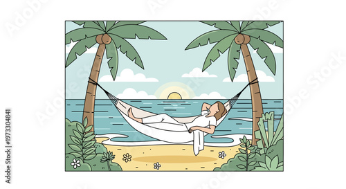 Relaxing woman in a hammock on a tropical beach at sunset with palm trees