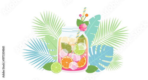 Colorful vector illustration of refreshing summer mojito cocktail with lime slices and ice cubes surrounded by tropical leaves and flowers.