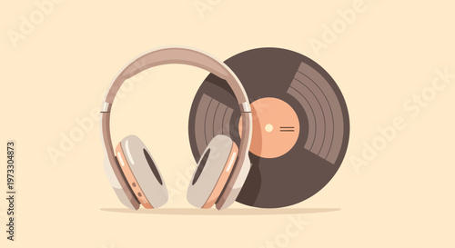 Headphones and vinyl record for music listening experience