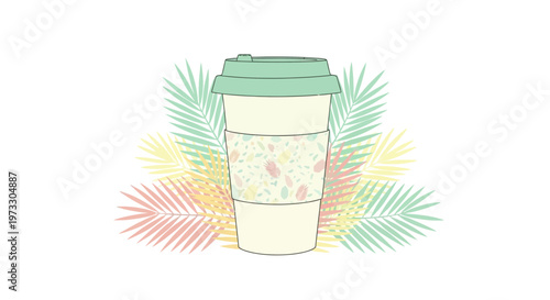 Colorful vector illustration of a disposable coffee cup with tropical palm leaves